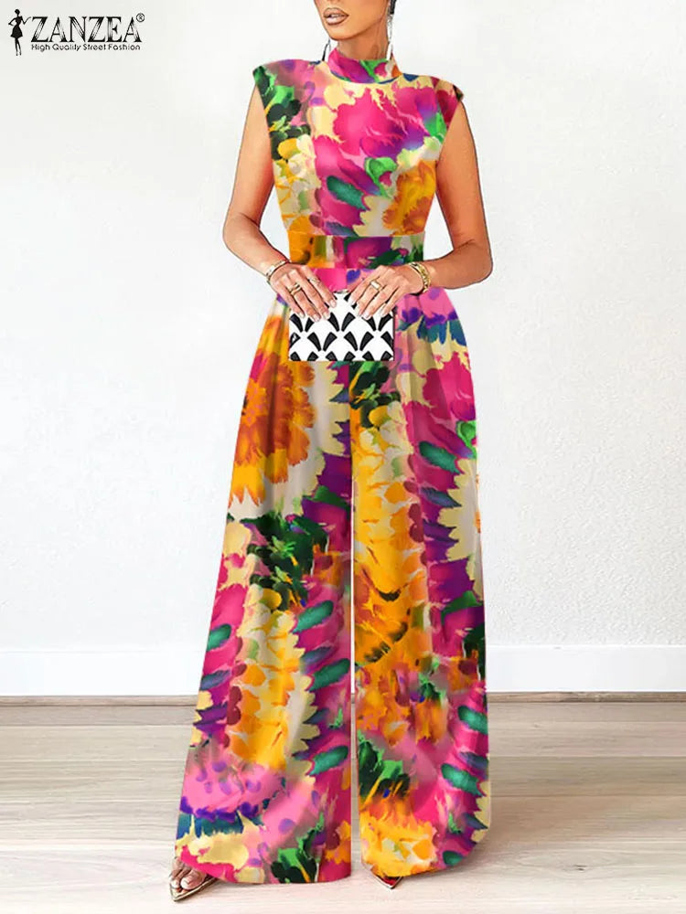 ZANZEA Floral Print Party Wide Leg Pants Turtleneck Elegant Summer Women Jumpsuits Fashion Sleeveless Cinched Waist